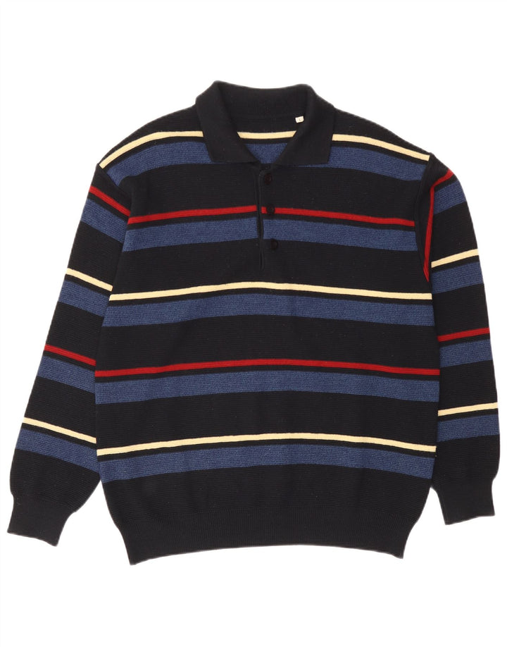 Vintage Mens Polo Neck Jumper Sweater Large Black Striped Wool
