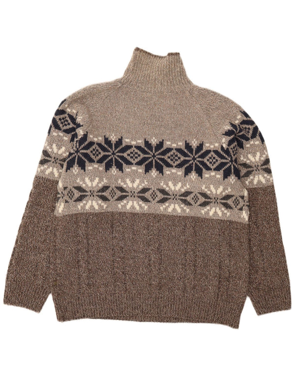 Vintage Mens Roll Neck Jumper Sweater XL Brown Fair Isle Wool