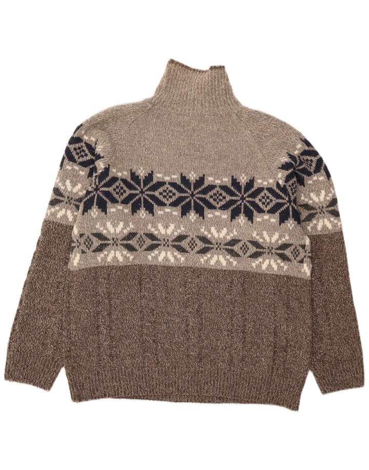 Vintage Mens Roll Neck Jumper Sweater XL Brown Fair Isle Wool