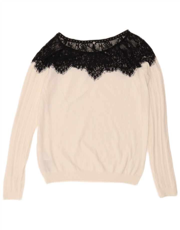 Guess Womens Boat Neck Jumper Sweater UK 12 Medium White Colourblock