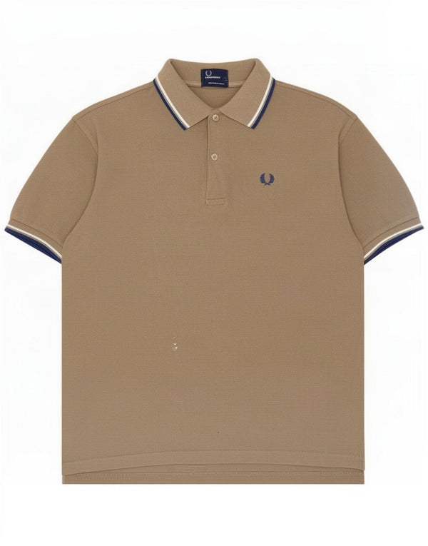Fred Perry Mens Polo Shirt Large Beige Striped Cotton