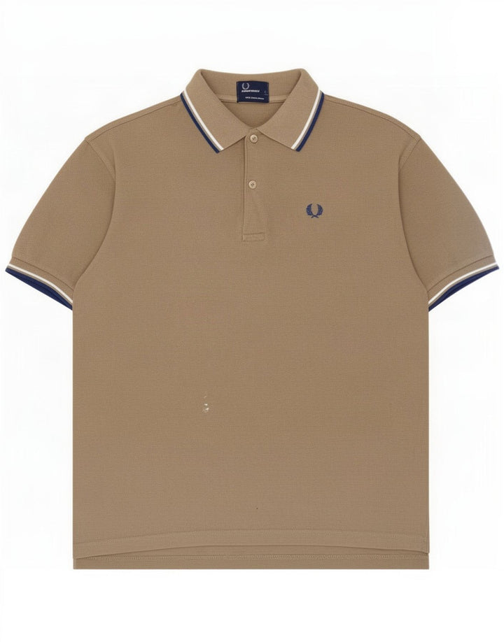 Fred Perry Mens Polo Shirt Large Beige Striped Cotton