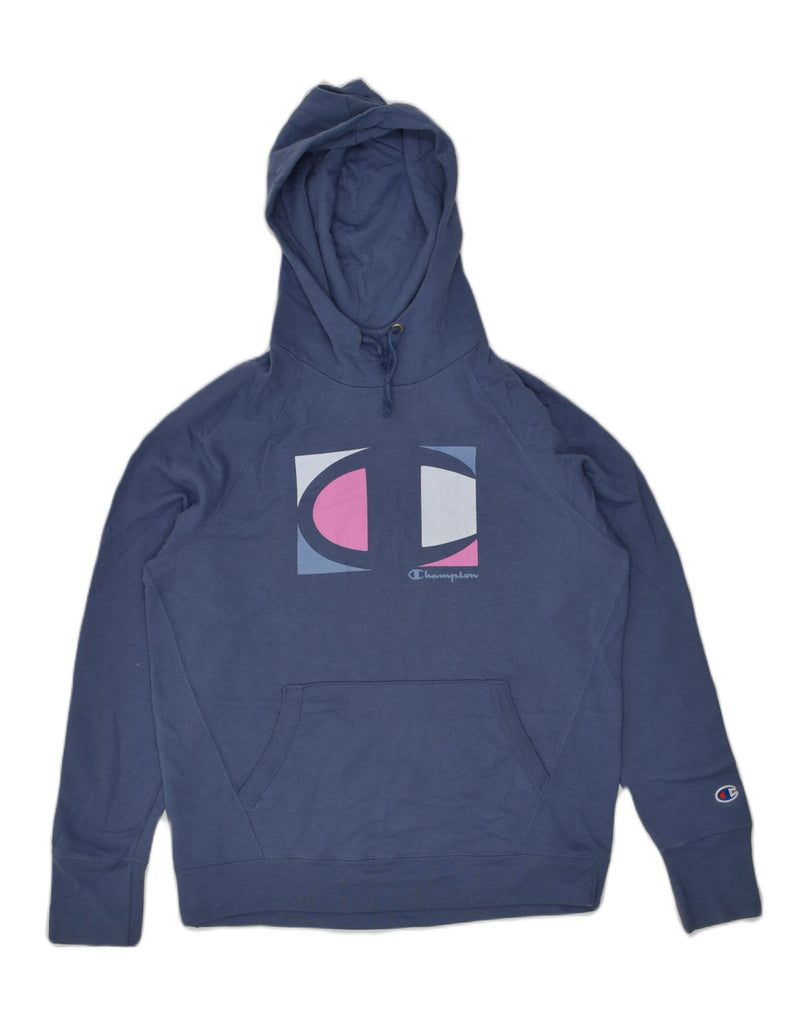 CHAMPION Womens Graphic Hoodie Jumper UK 14 Medium Blue Polyester | Vintage Champion | Thrift | Second-Hand Champion | Used Clothing | Messina Hembry 