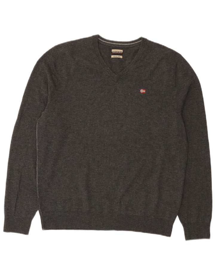 Napapijri Mens V-Neck Jumper Sweater Large Grey Merino Wool