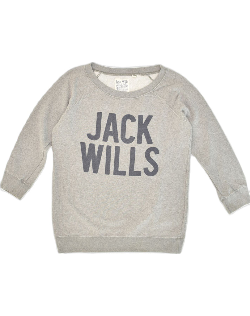 JACK WILLS Womens 3/4 Sleeve Graphic Sweatshirt Jumper UK 10 Small  Grey | Vintage Jack Wills | Thrift | Second-Hand Jack Wills | Used Clothing | Messina Hembry 