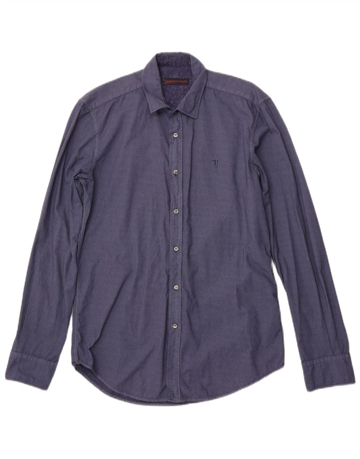 TRUSSARDI JEANS Mens Shirt Size 38 Medium Navy Blue Geometric Cotton