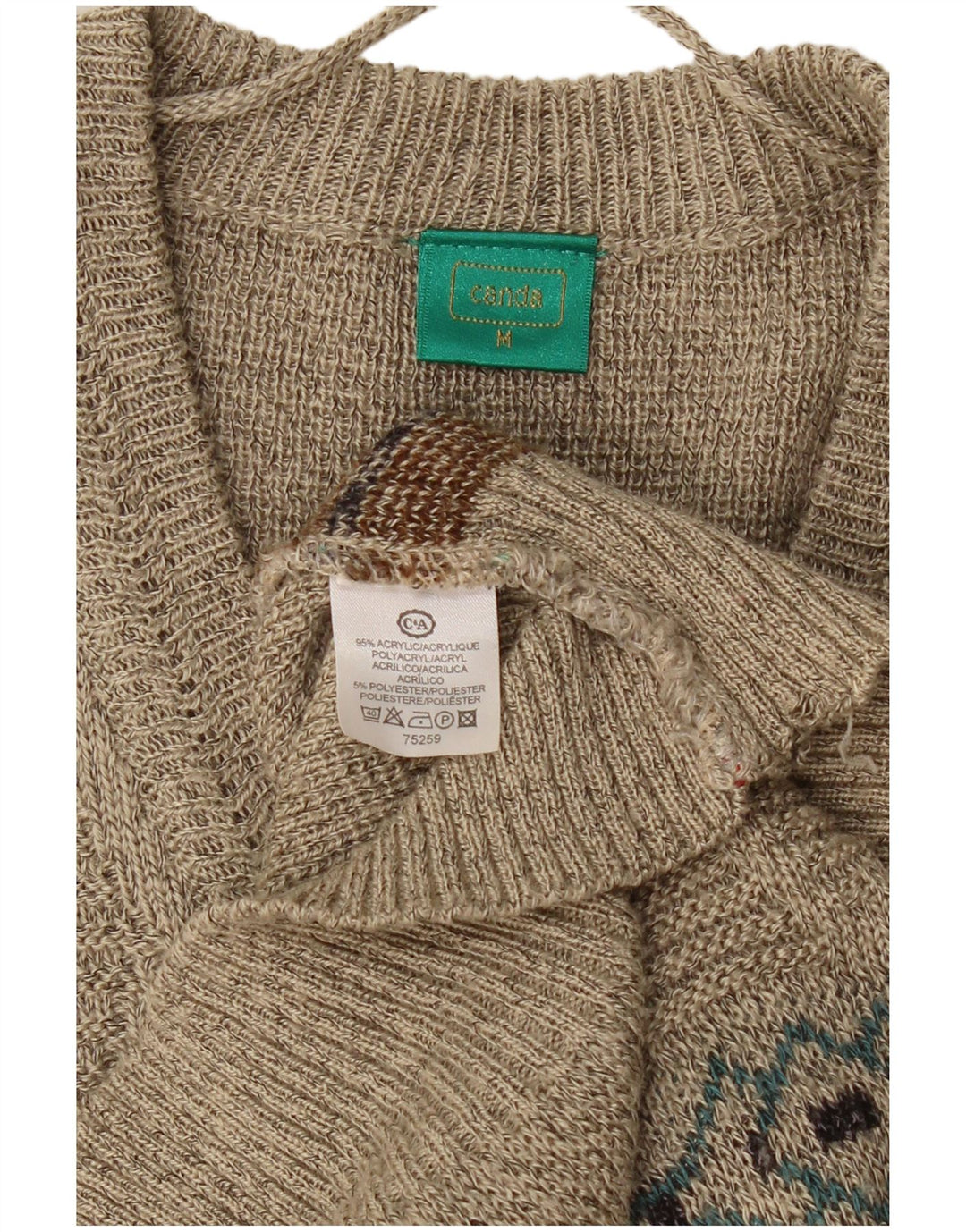 CANDA Mens V-Neck Jumper Sweater Medium Beige Geometric Acrylic