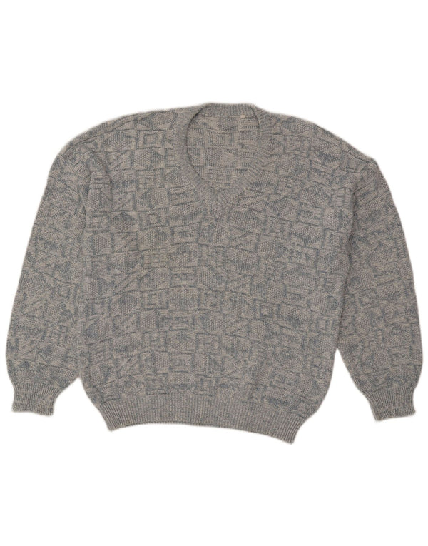 Vintage Mens V-Neck Jumper Sweater IT 54 XL Blue Geometric Cotton