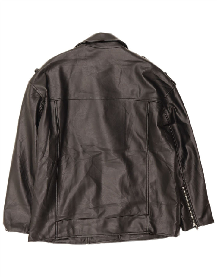 Zara Mens Oversized Faux Leather Biker Jacket UK 14 Medium Black Polyester