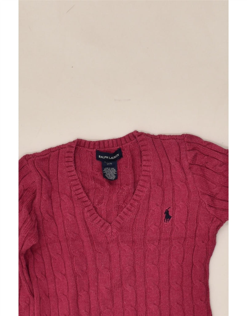 RALPH LAUREN Girls V-Neck Jumper Sweater 6-7 Years Small Pink Cotton | Vintage Ralph Lauren | Thrift | Second-Hand Ralph Lauren | Used Clothing | Messina Hembry 