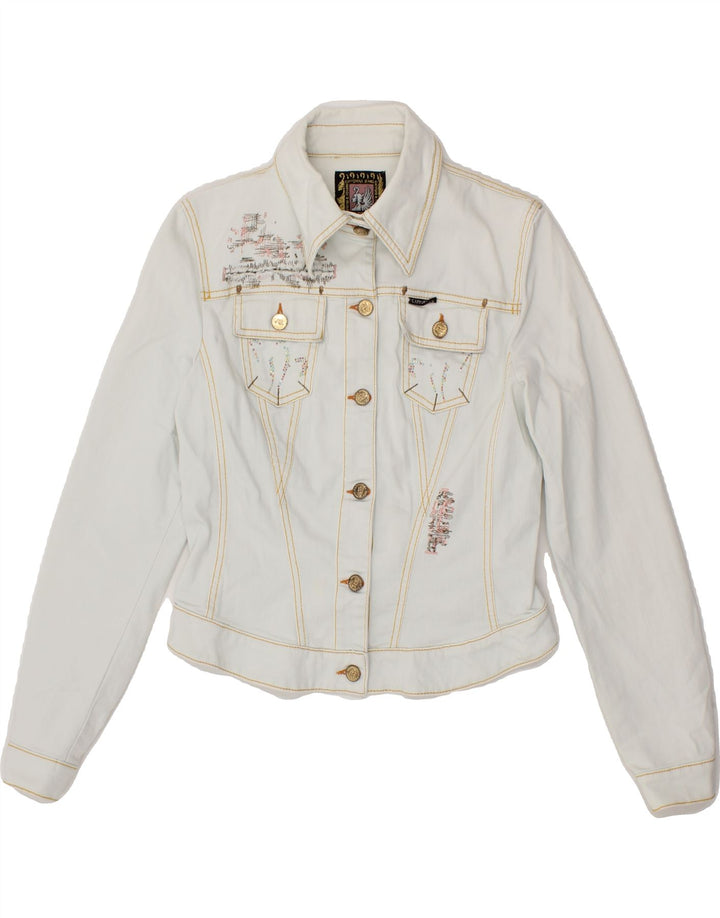 CAPPOPERA Womens Graphic Crop Denim Jacket IT 46 Large Blue Cotton Vintage Cappopera and Second-Hand Cappopera from Messina Hembry 