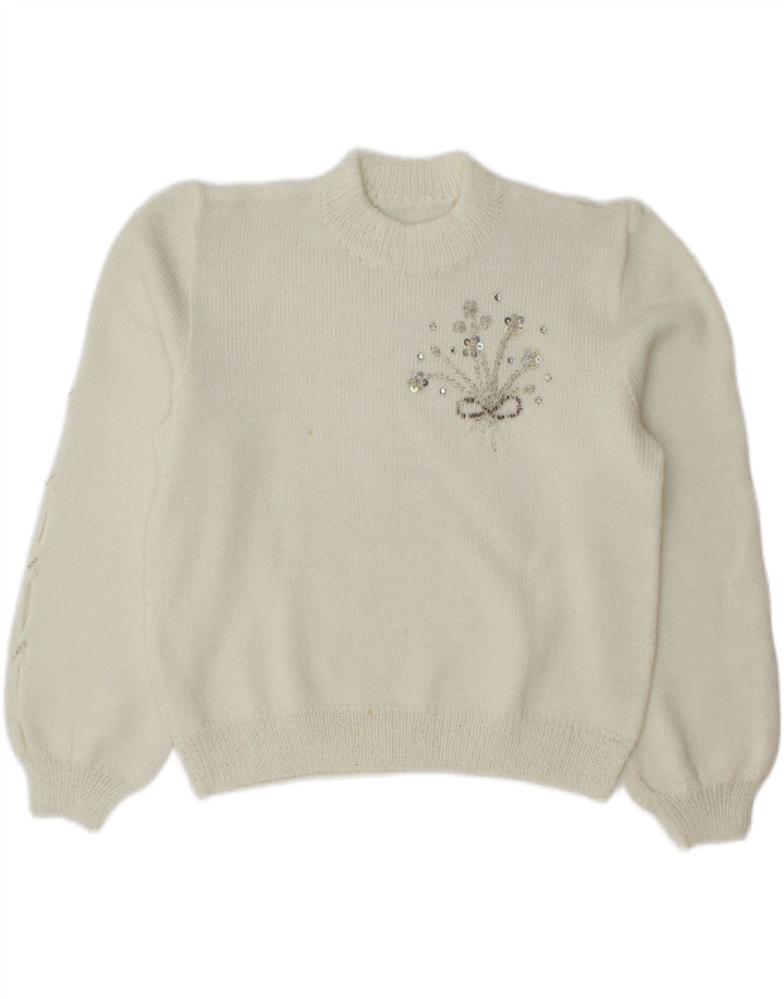 VINTAGE Womens Crop Crew Neck Jumper Sweater UK 14 Medium White Vintage Vintage and Second-Hand Vintage from Messina Hembry 