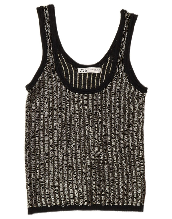 Zara Womens Crop Vest Tank Top UK 12 Medium Black Striped Viscose