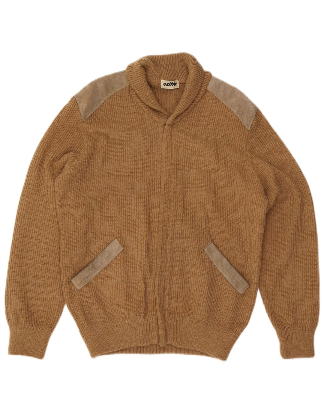 Vintage Mens Cardigan Sweater Medium Beige Colourblock Acrylic