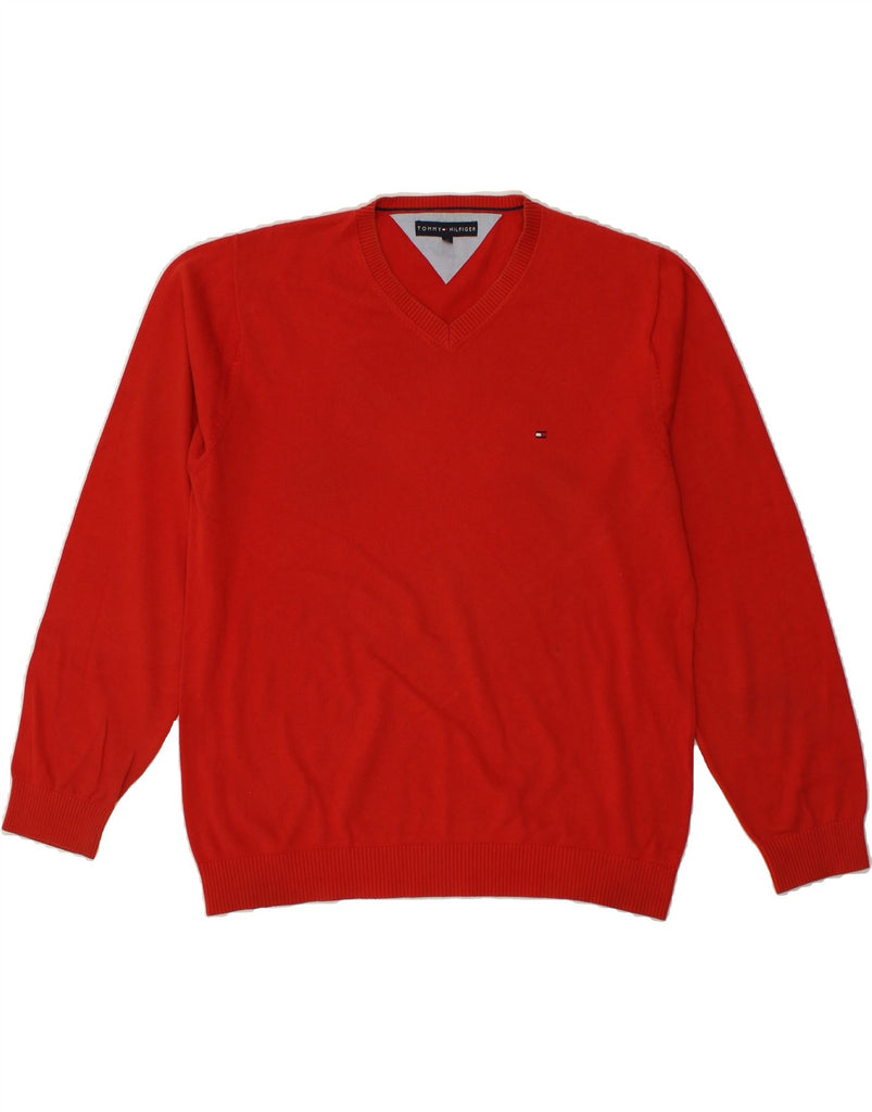 TOMMY HILFIGER Mens V-Neck Jumper Sweater XL Red Cotton | Vintage Tommy Hilfiger | Thrift | Second-Hand Tommy Hilfiger | Used Clothing | Messina Hembry 