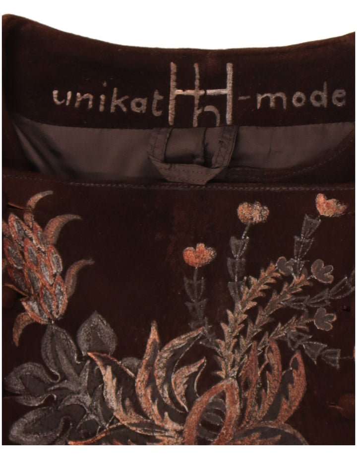 Vintage Womens Crop Suede Jacket UK 14 Medium Brown Floral