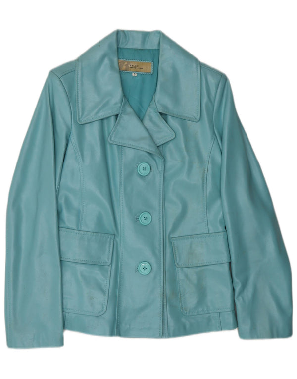 VINTAGE Womens Leather Jacket UK 10 Small Blue Leather
