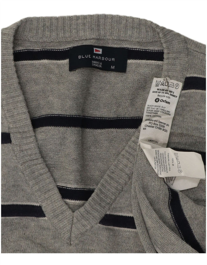 Marks & Spencer Mens Blue Harbour V-Neck Jumper Sweater Medium Grey Striped