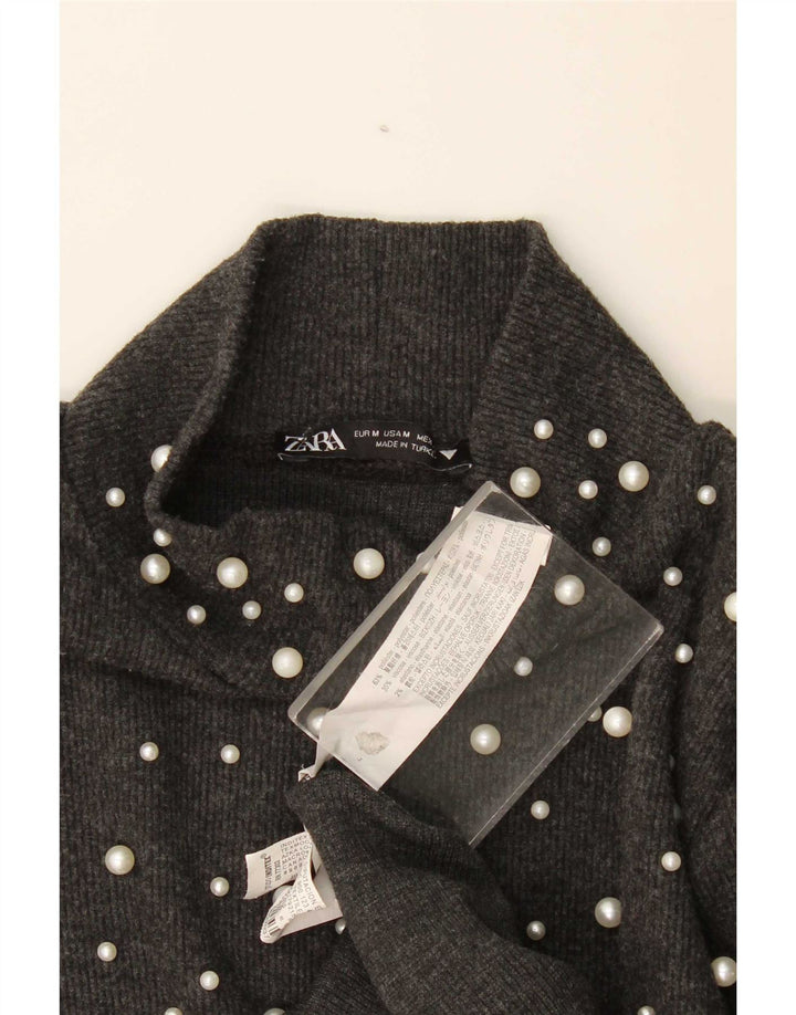 Zara Womens Crop Top Long Sleeve UK 12 Medium Black Polyester