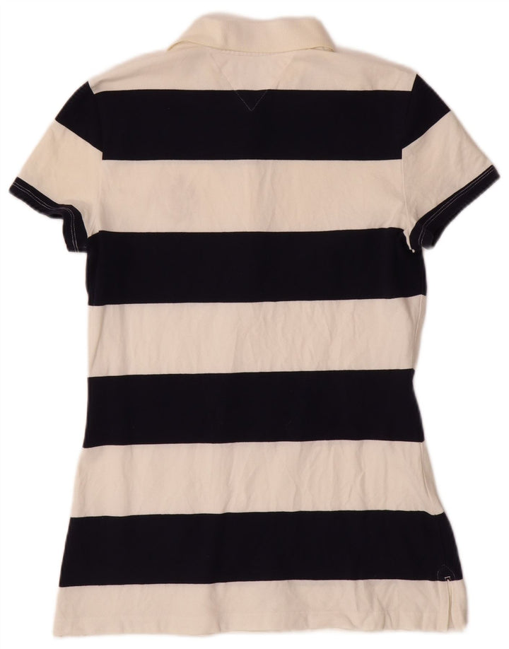 TOMMY HILFIGER Womens Polo Shirt UK 12 Medium Off White Striped Cotton