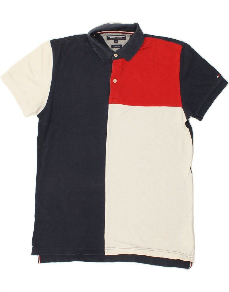 TOMMY HILFIGER Mens Regular Fit Polo Shirt Medium Navy Blue Colourblock Vintage Tommy Hilfiger and Second-Hand Tommy Hilfiger from Messina Hembry 