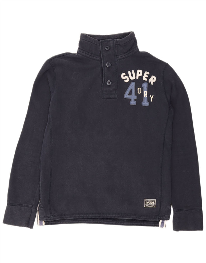 Superdry Mens Graphic Button Neck Sweatshirt Jumper Large Navy Blue Cotton