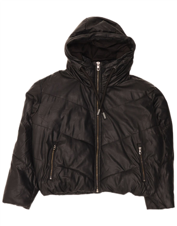 Zara Womens Oversized Hooded Faux Leather Padded Jacket UK 14 Medium Black