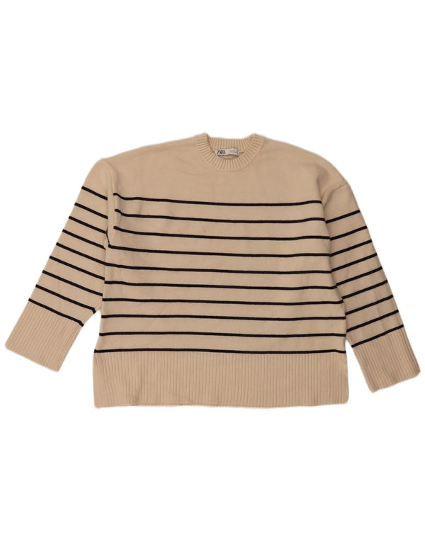 Zara Womens Crew Neck Jumper Sweater UK 16 Large Beige Striped Viscose