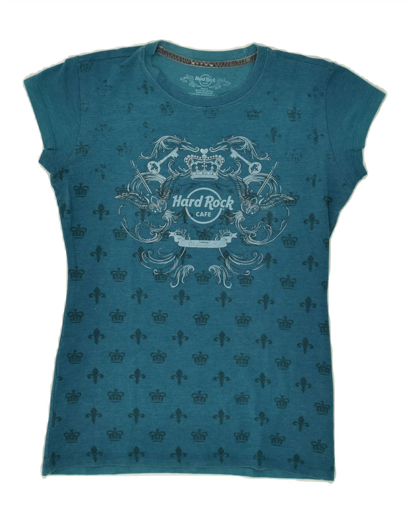 HARD ROCK Womens Abstract Pattern Graphic T-Shirt Top UK 10 Small Blue Vintage Hard Rock and Second-Hand Hard Rock from Messina Hembry 