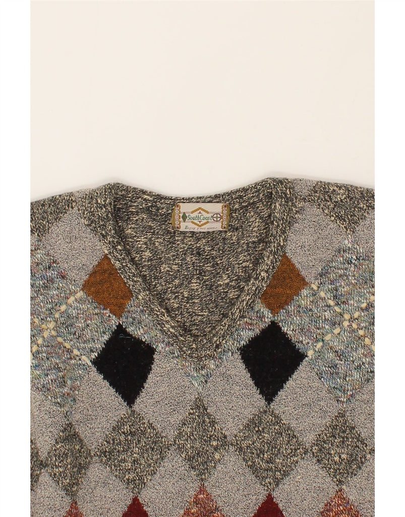 SOUTH COAST Mens V-Neck Jumper Sweater Large Grey Argyle/Diamond Vintage South Coast and Second-Hand South Coast from Messina Hembry 