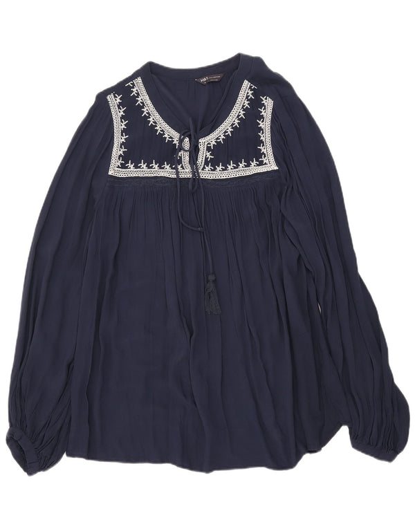 Marks & Spencer Womens Long Sleeve Blouse Top UK 18 XL Navy Blue Floral