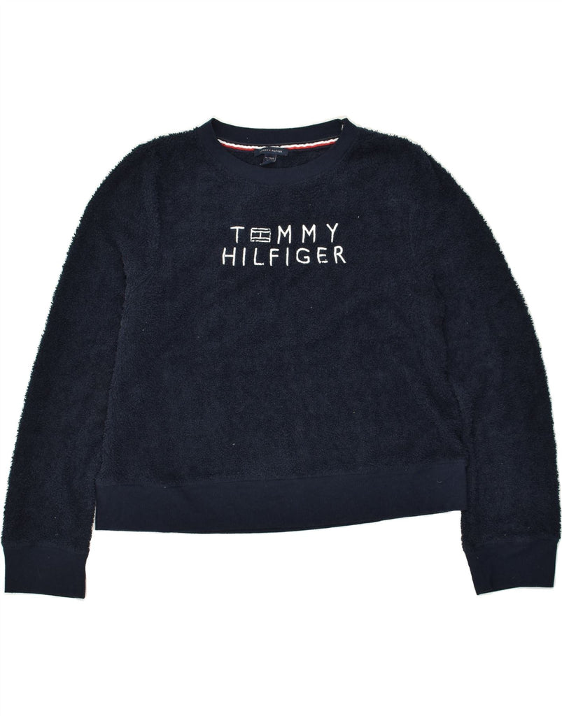 TOMMY HILFIGER Womens Graphic Fleece Jumper UK 18 XL Navy Blue Polyester | Vintage Tommy Hilfiger | Thrift | Second-Hand Tommy Hilfiger | Used Clothing | Messina Hembry 