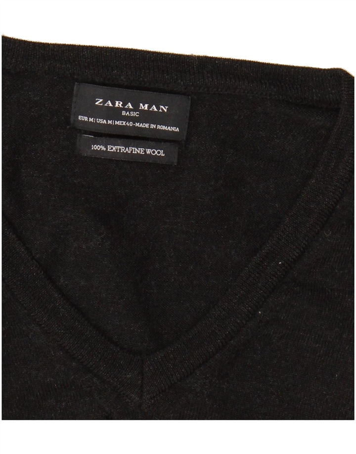 ZARA Mens V-Neck Jumper Sweater Medium Black Wool Vintage Zara and Second-Hand Zara from Messina Hembry 