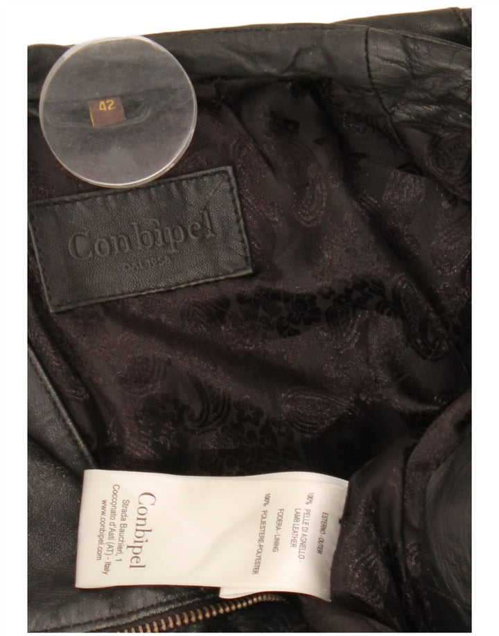 Conbipel Womens Leather Biker Jacket Size 42 Small Black Leather