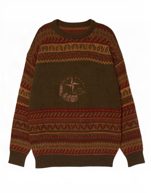 Vintage Mens Crew Neck Jumper Sweater Large Green Fair Isle Wool