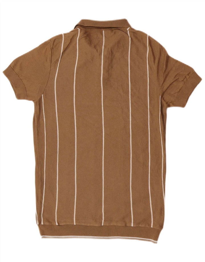 Zara Mens Short Sleeve Polo Neck Jumper Sweater Medium Brown Striped