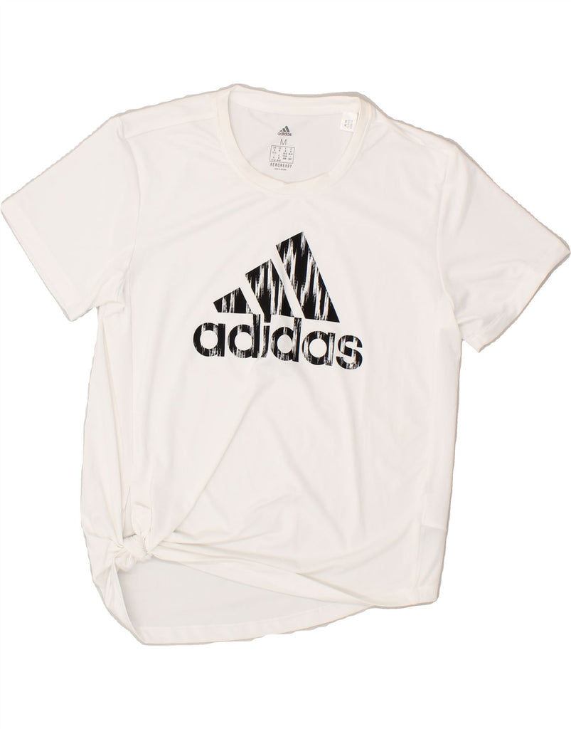 ADIDAS Womens Aeroready Graphic T-Shirt Top UK 12/14 Medium White Vintage Adidas and Second-Hand Adidas from Messina Hembry 