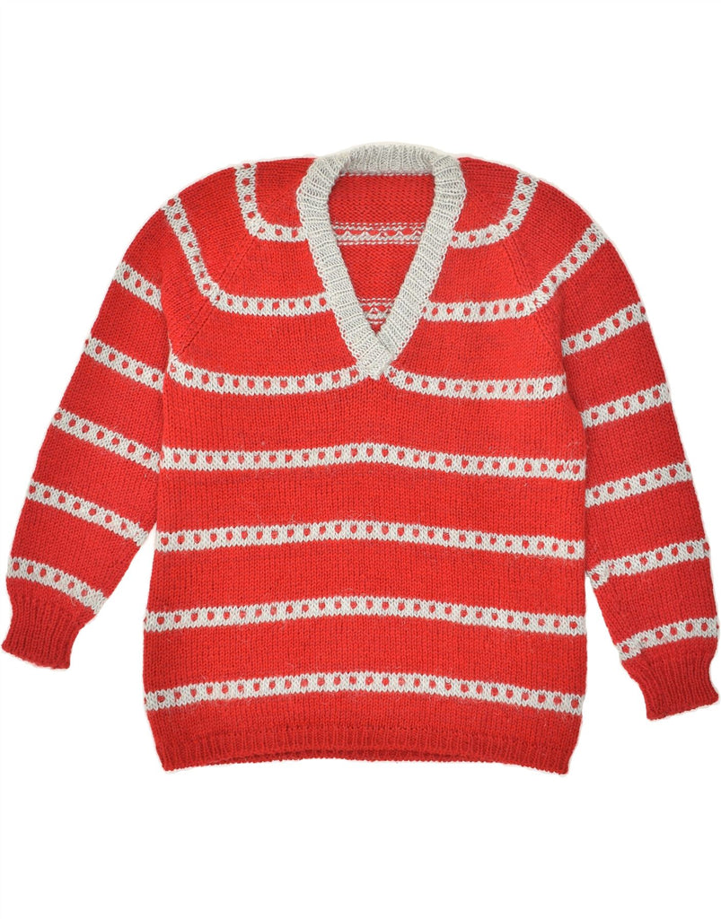 VINTAGE Womens V-Neck Jumper Sweater UK 16 Large Red Striped Vintage Vintage and Second-Hand Vintage from Messina Hembry 