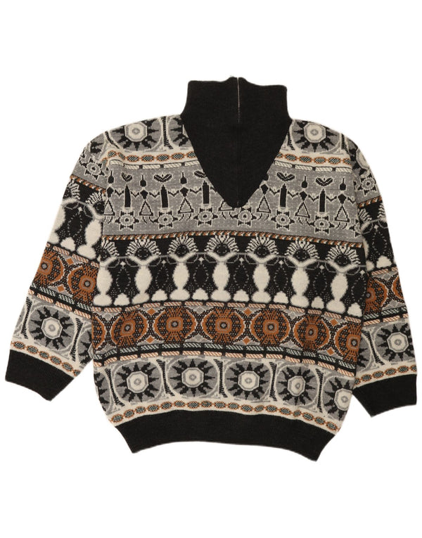 Vintage Mens Zip Neck Jumper Sweater EU 52/54 Large Grey Fair Isle