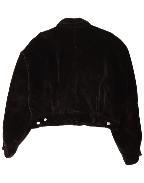 Rifle Womens Crop Velvet Bomber Jacket UK 12 Medium Black Cotton