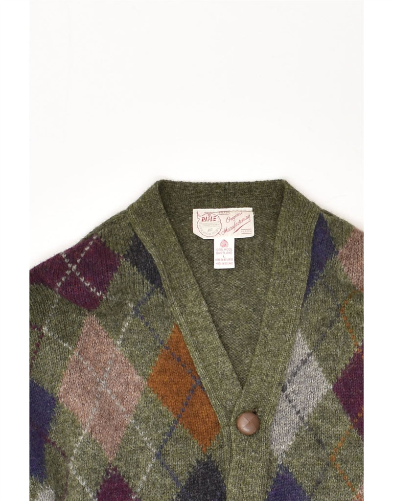 RIFLE Mens Cardigan Sweater Large Khaki Argyle/Diamond Wool | Vintage Rifle | Thrift | Second-Hand Rifle | Used Clothing | Messina Hembry 