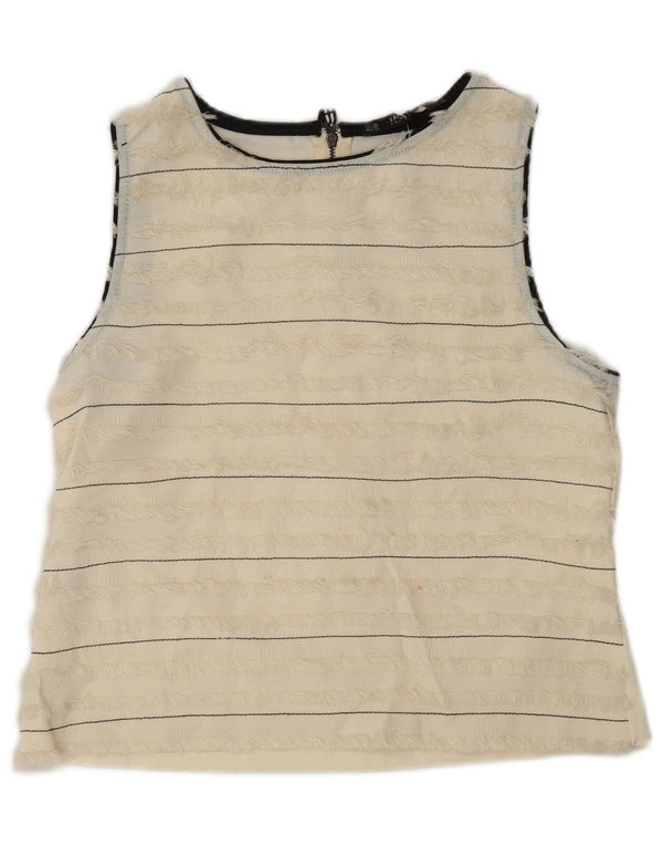 ZARA Womens Crop Sleeveless Blouse Top UK 6 XS Beige Striped Polyamide