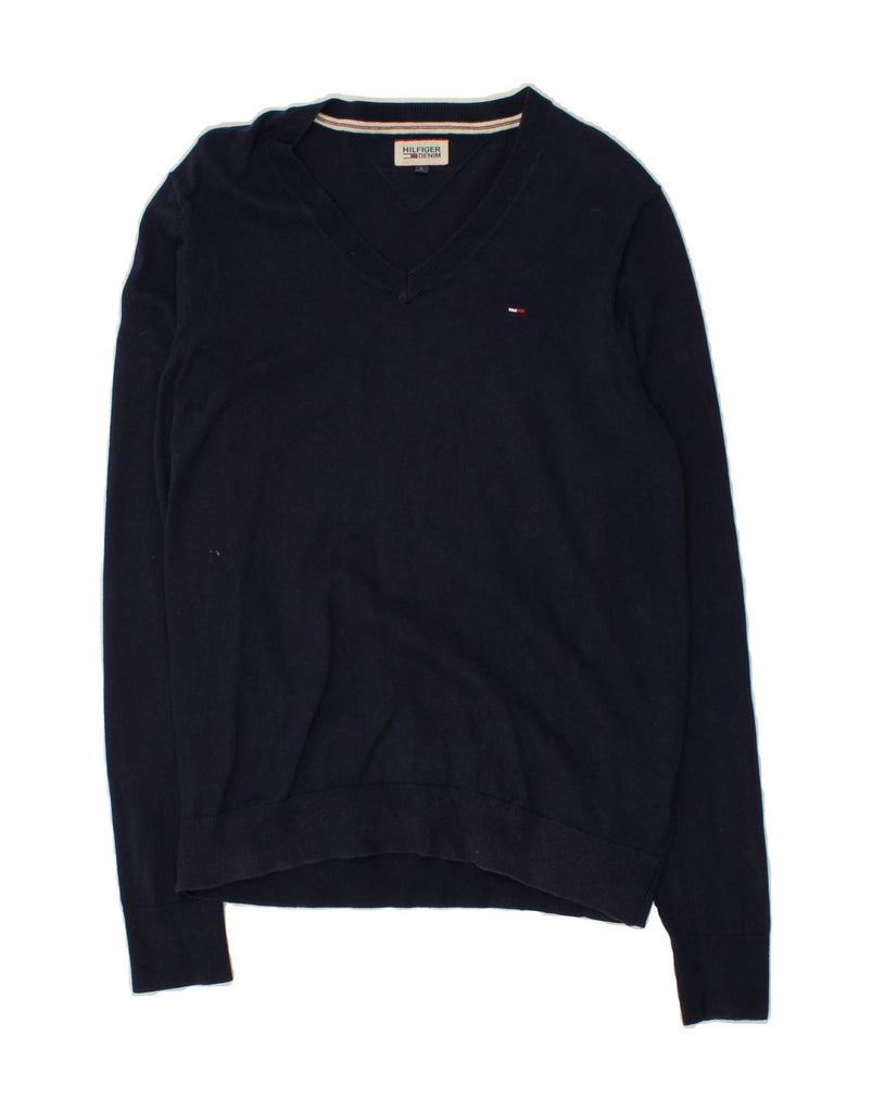 TOMMY HILFIGER Mens V-Neck Jumper Sweater Large Navy Blue Cotton Vintage Tommy Hilfiger and Second-Hand Tommy Hilfiger from Messina Hembry 