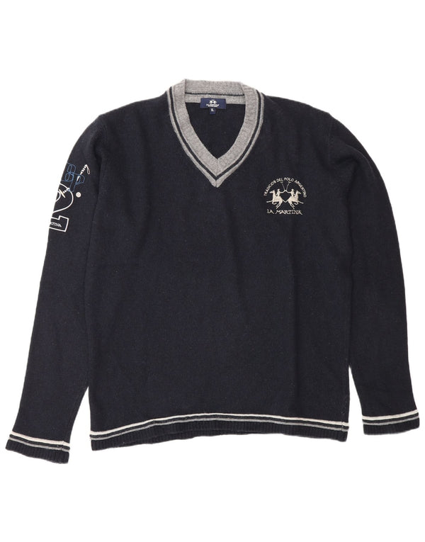 La Martina Mens Graphic V-Neck Jumper Sweater XL Navy Blue