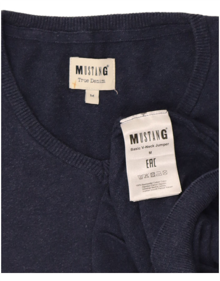 Mustang Mens V-Neck Jumper Sweater Medium Navy Blue Cotton