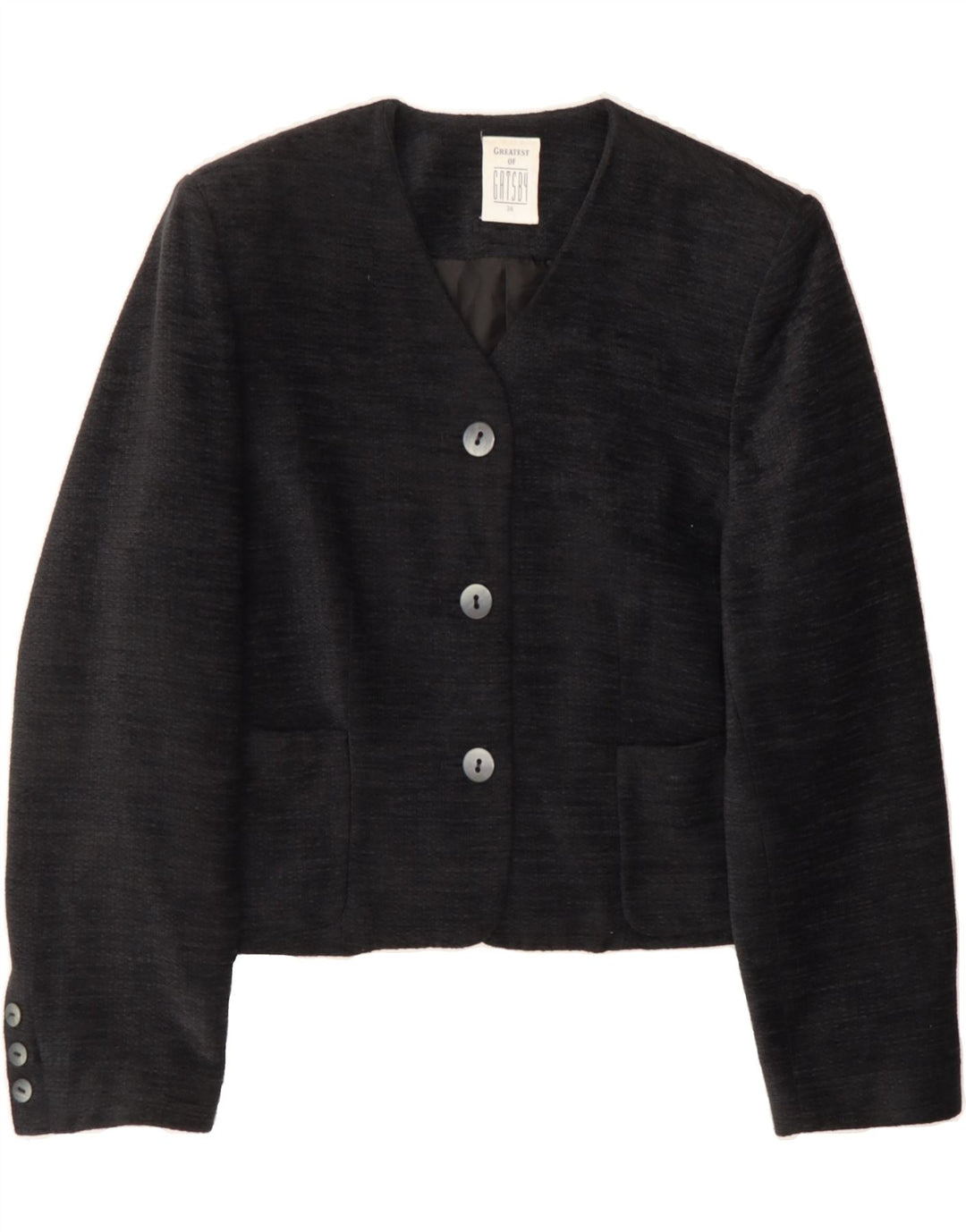 GATSBY Womens 3 Button Blazer Jacket UK 12 Medium Grey Acrylic Vintage Gatsby and Second-Hand Gatsby from Messina Hembry 