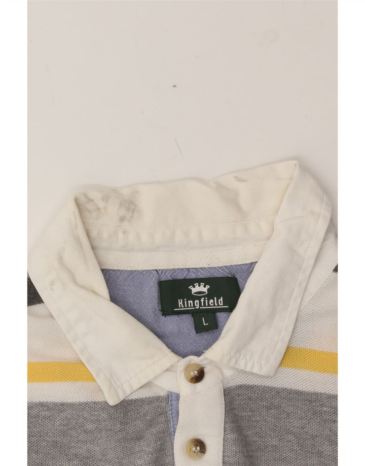 KINGFIELD Mens Polo Shirt Large Grey Striped Cotton Vintage Kingfield and Second-Hand Kingfield from Messina Hembry 