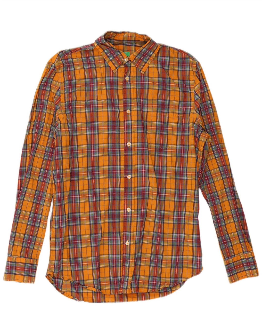 Benetton Mens Shirt Medium Orange Check Cotton