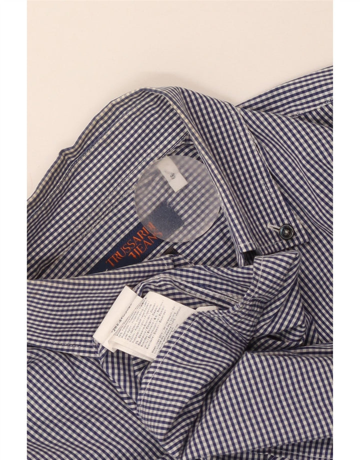 Trussardi Jeans Mens Shirt Size 39 Medium Blue Gingham Cotton