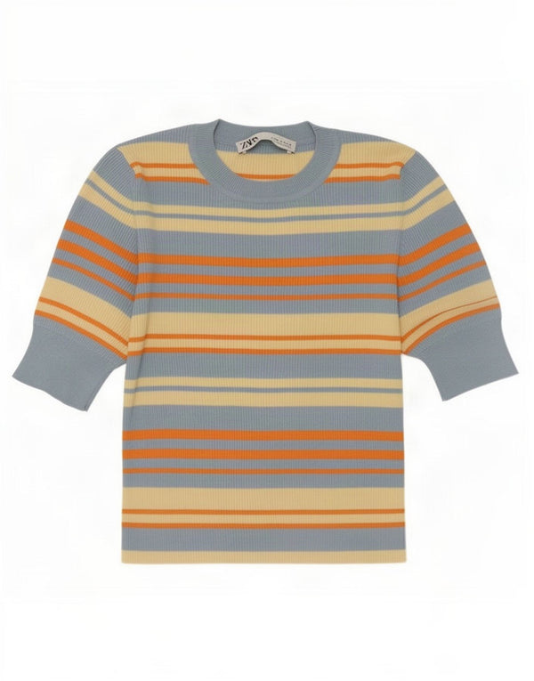 Zara Womens Crop Blouse Top UK 12 Medium Multicoloured Striped Viscose